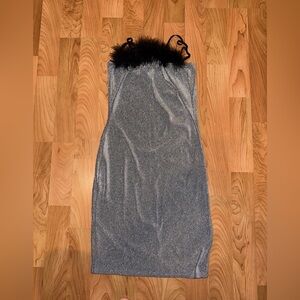 Silver Bodycon Mini Glitter Dress with Black Feather Trim